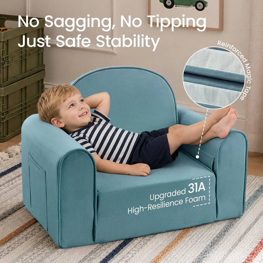 Teal kids sofa chair with curved back and sturdy armrests for toddlers