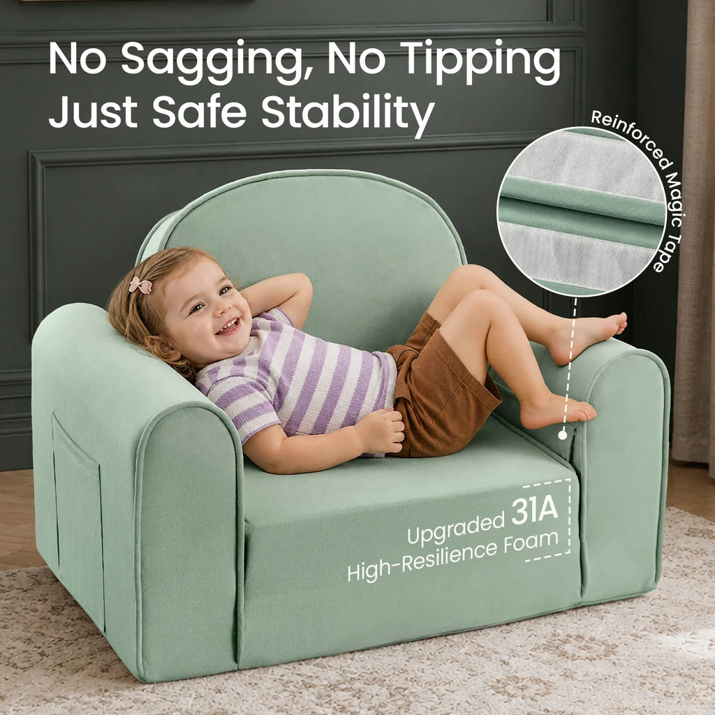 Light green kids sofa chair with reinforced sides and resilient cushioned seat