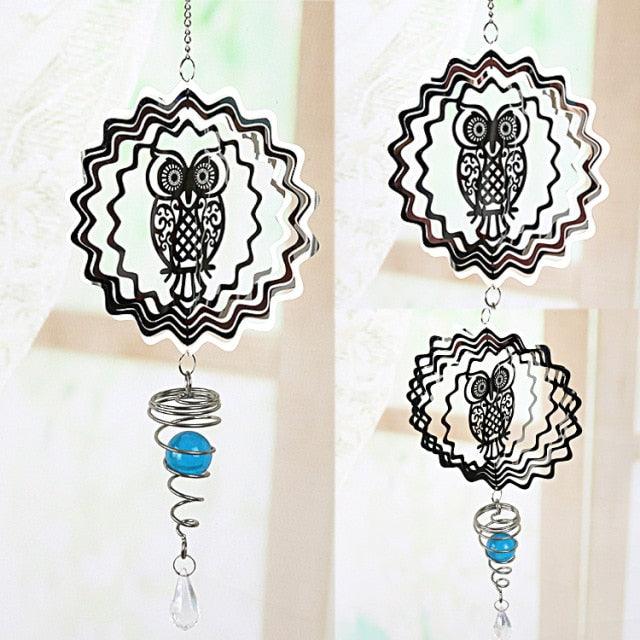 Wavy metal owl wind chimes with blue glass beads and clear crystal drops, hanging set