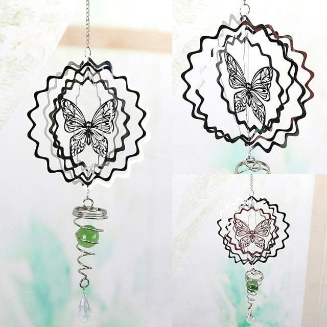 Butterfly metal wind chime pendant with green glass beads and clear crystal drops