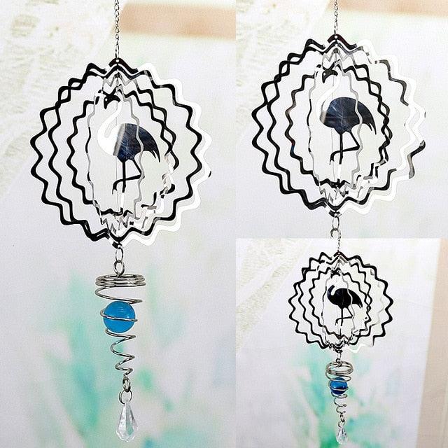 Black-and-silver owl metal wind chimes with blue glass bead and clear crystal drops