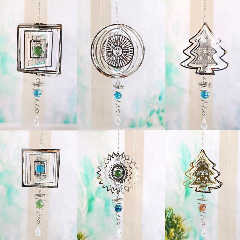 Assorted metal wind chimes with sun and tree designs, blue glass beads, and crystal drops