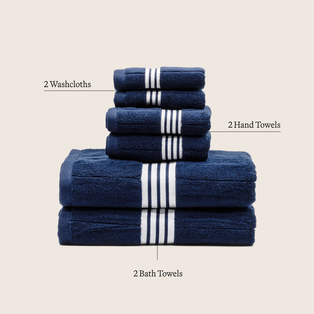 Navy cotton towel set with white striped bands: washcloths, hand towels, bath towels
