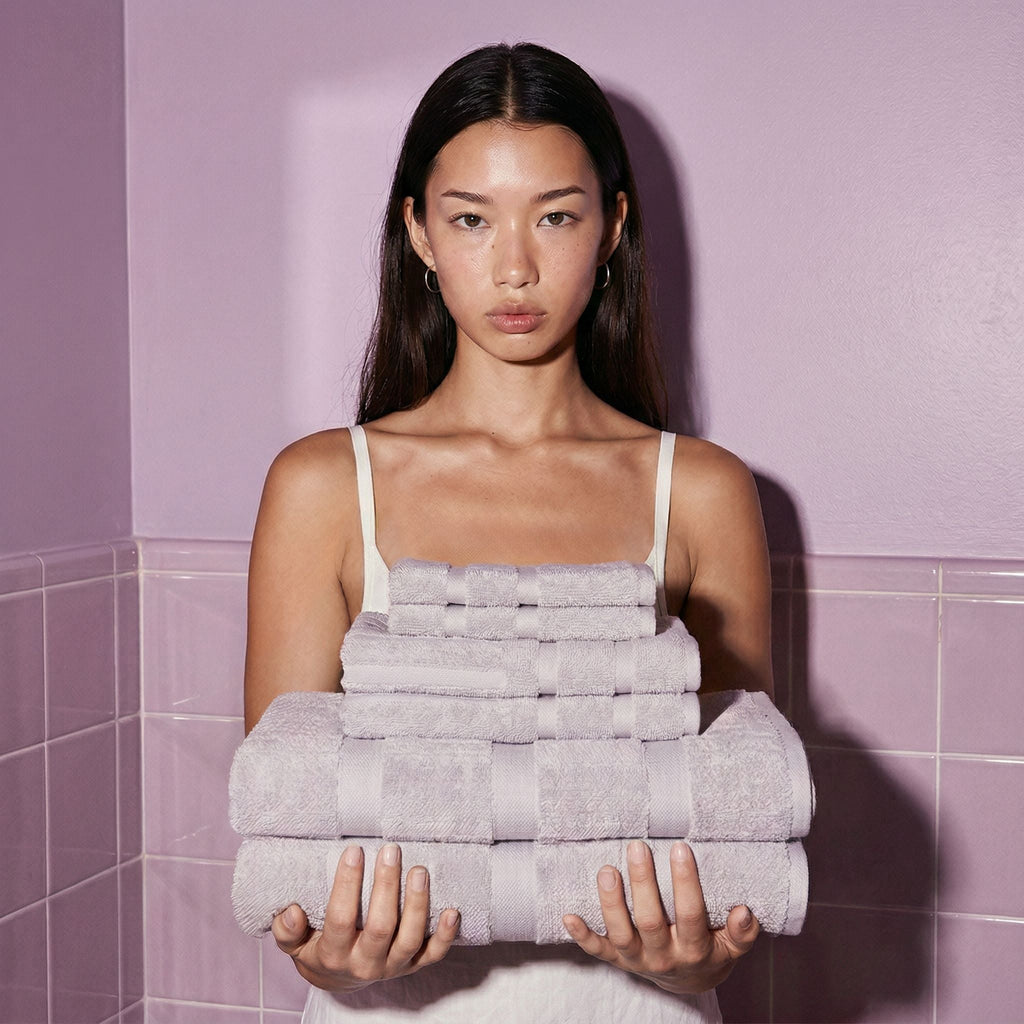 Stack of light gray cotton towels with wide stitched stripe bands