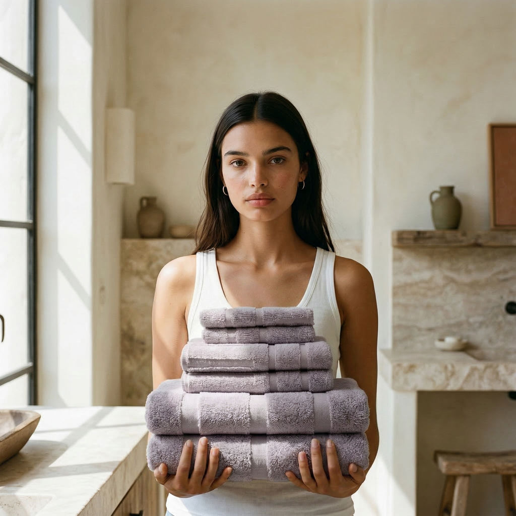 Person holding a lilac cotton towel stack with textured stripe pattern