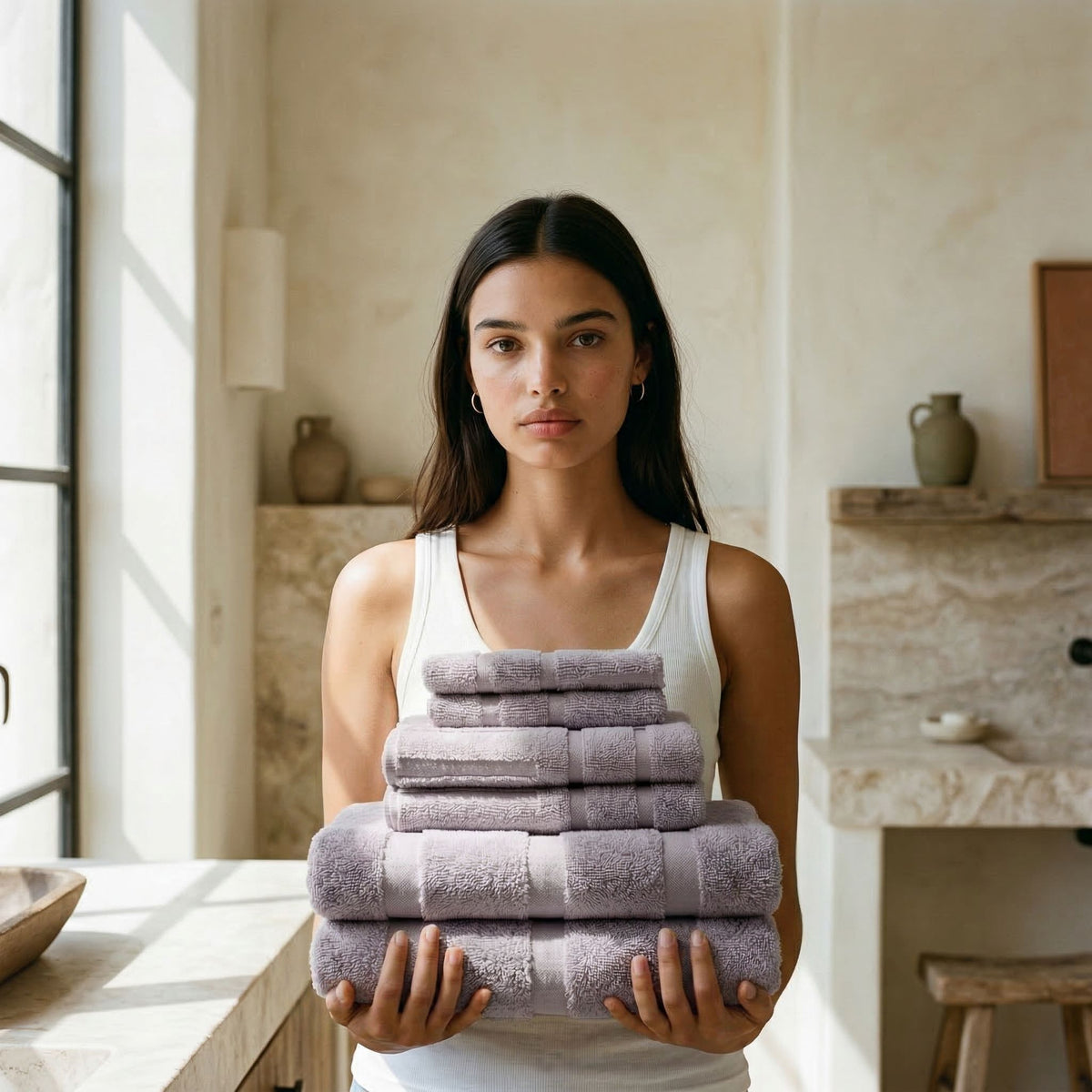 Person holding a lilac cotton towel stack with textured stripe pattern