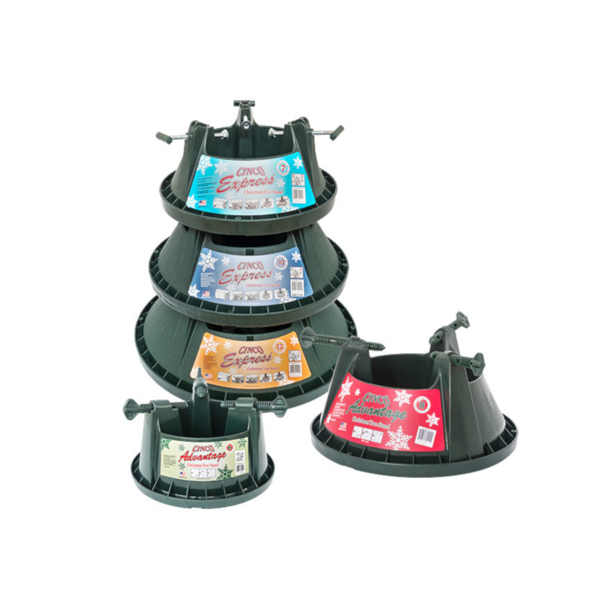 Set of green Christmas tree stands with hinged legs, shown in multiple sizes