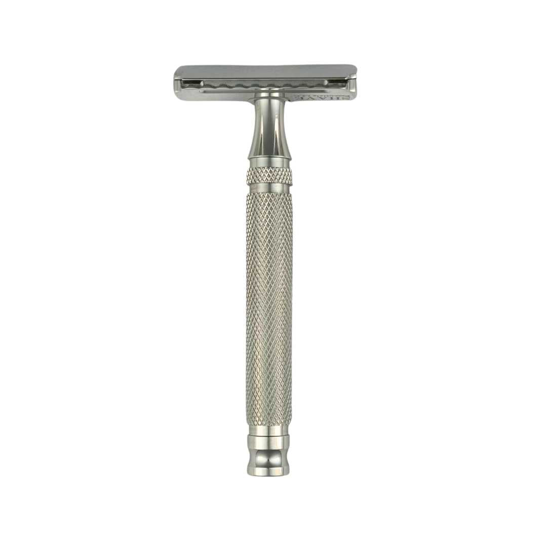 SteelMaster Razor with textured metal handle and double-edge safety razor head