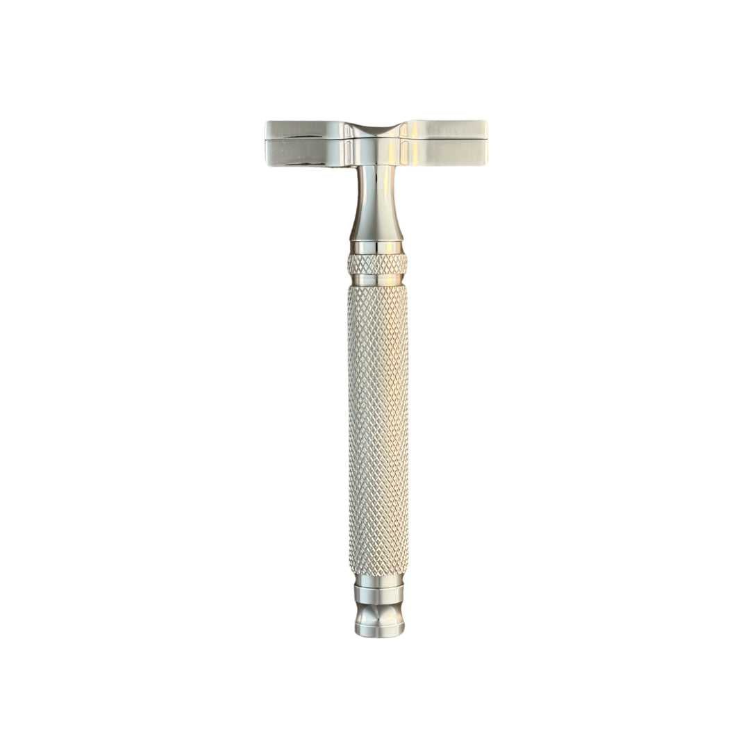 Razor with textured metal handle and shiny double-edge head