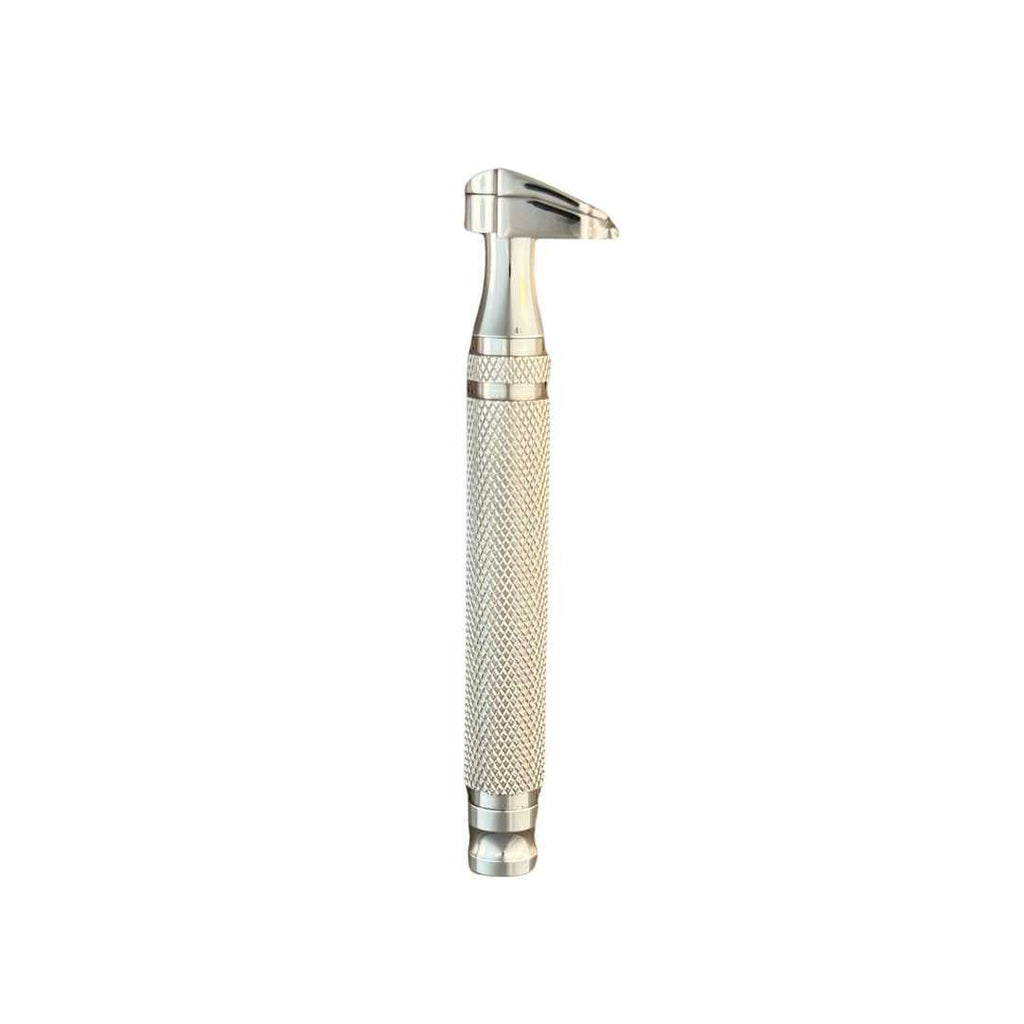 Polished safety razor with textured handle and curved neck