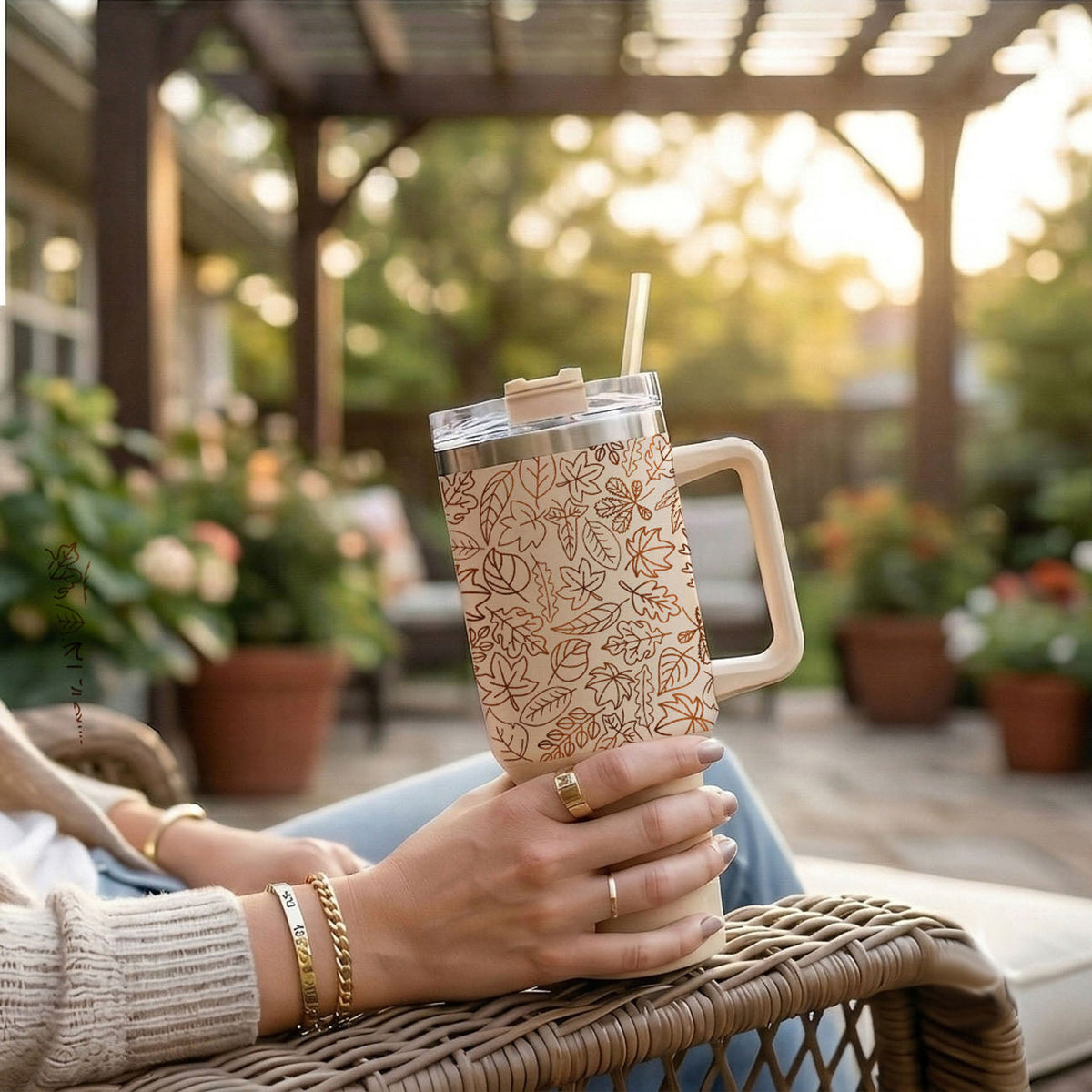 40 oz cream tumbler with clear lid and straw, orange leaf print on front