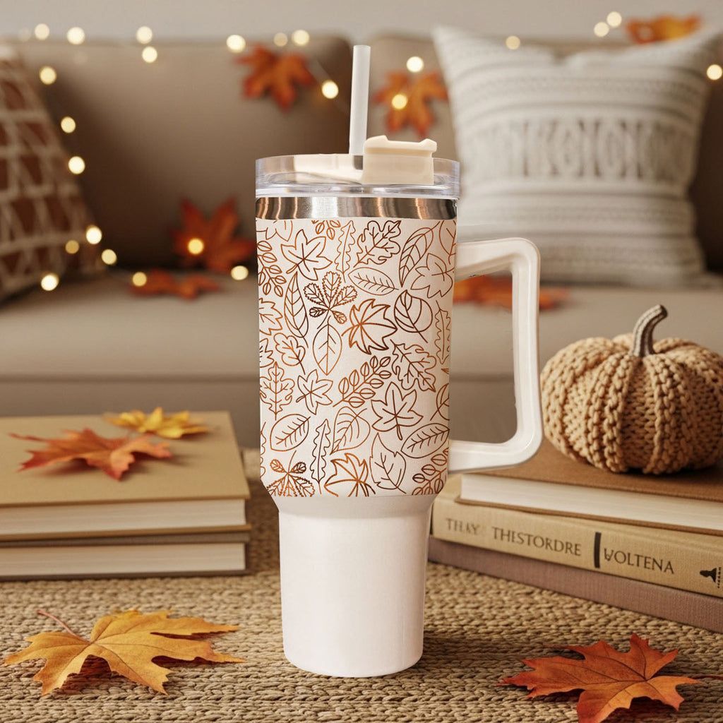 40oz insulated tumbler with autumn leaf print, straw lid and carry handle