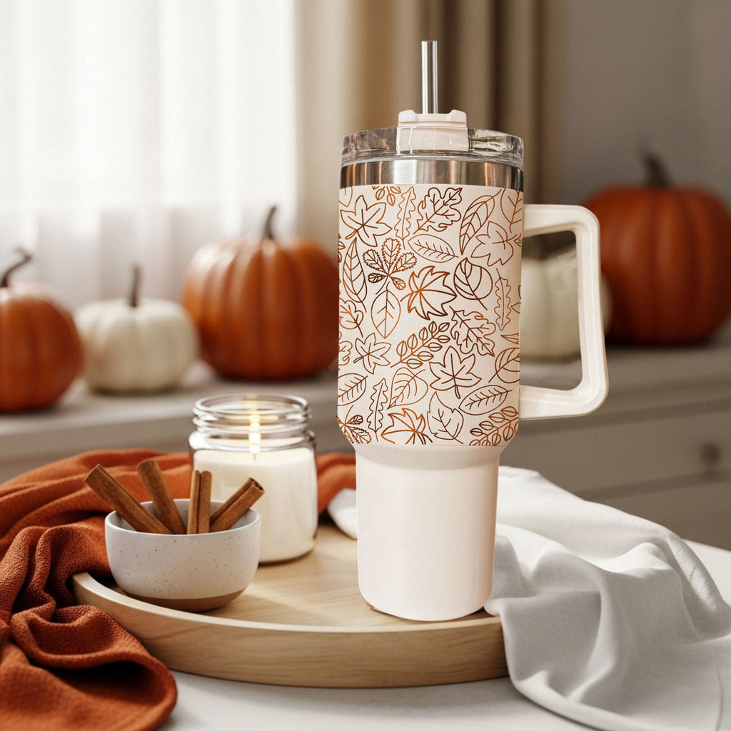 40oz insulated tumbler with leaf pattern, clear lid and white carry handle