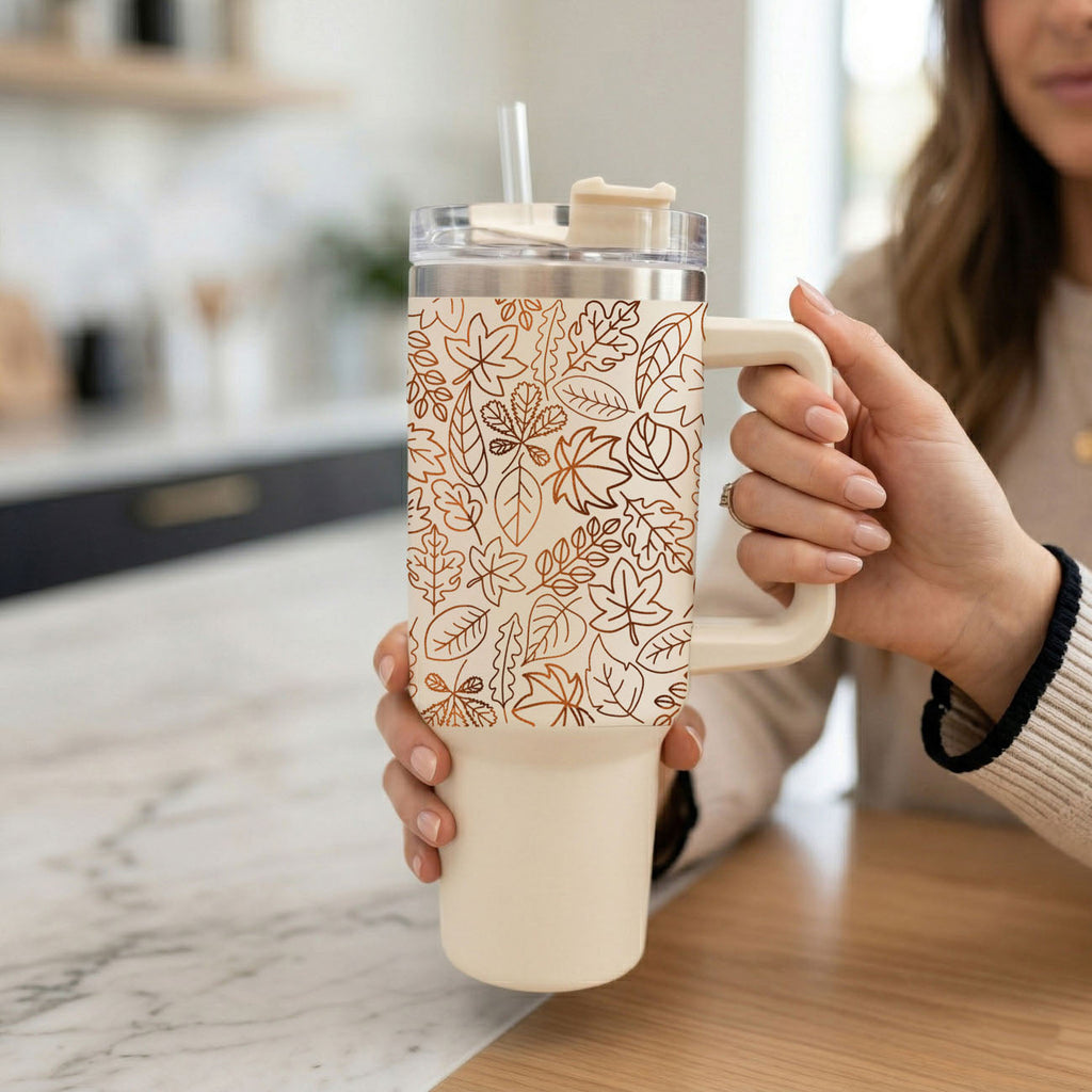 40oz insulated tumbler with leaf pattern wrap and straw lid, being held