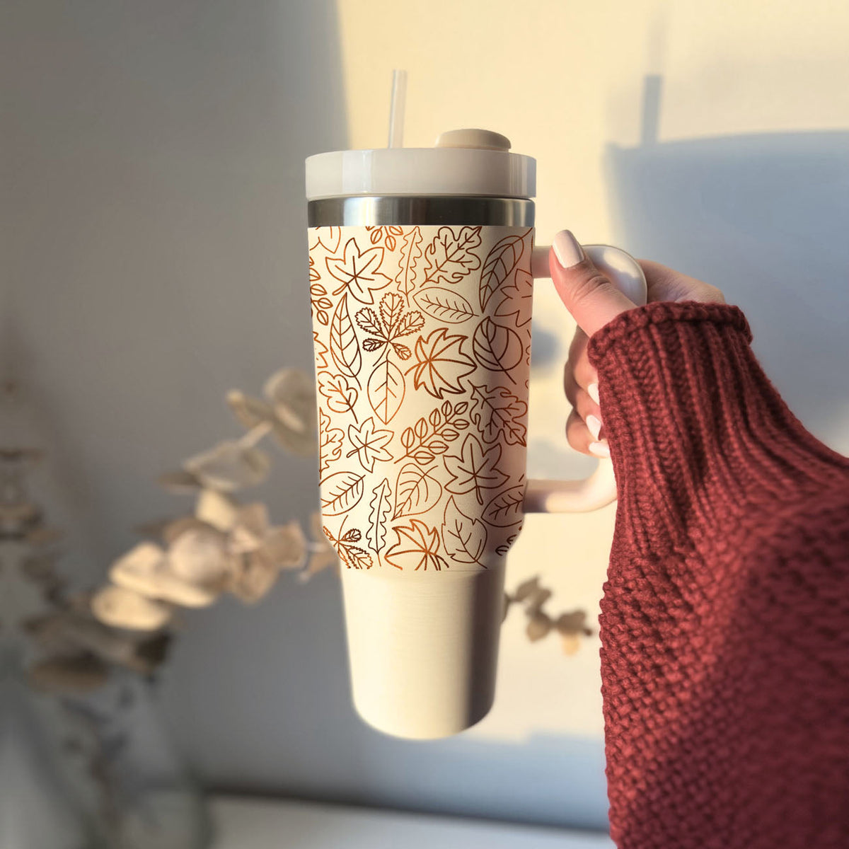 40oz insulated tumbler with autumn leaf wrap, clear lid and straw