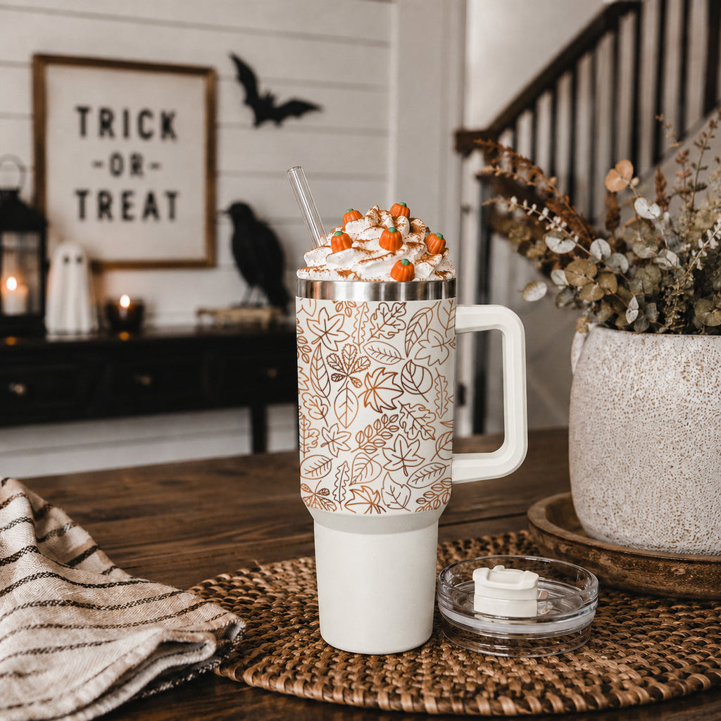 40oz insulated tumbler with clear lid, white base, and orange leaf pattern wrap