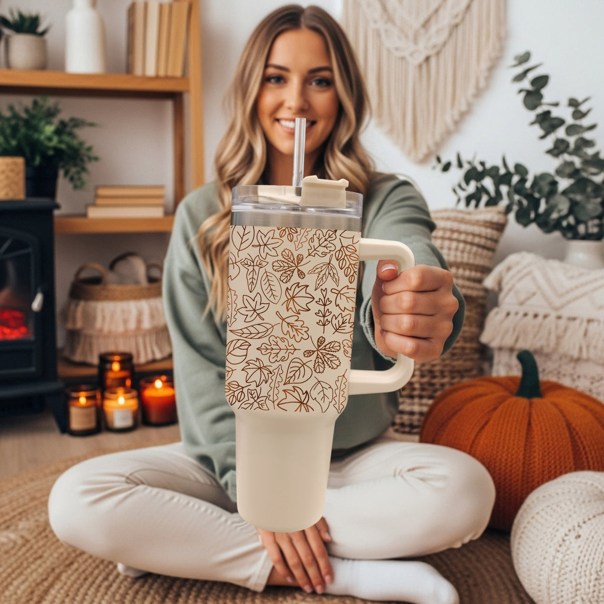 40 oz tumbler in cream with clear lid and straw, orange leaf print design
