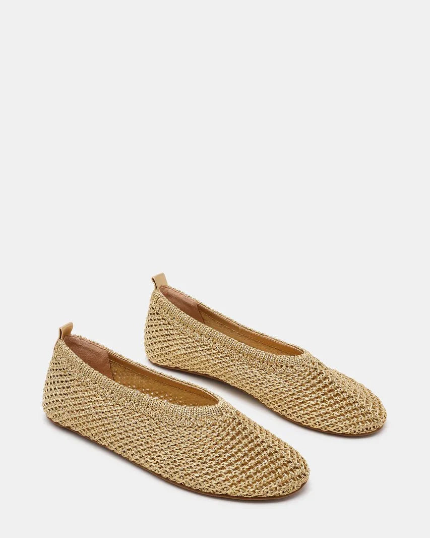 Champagne woven slip-on flats, low profile with smooth flat sole