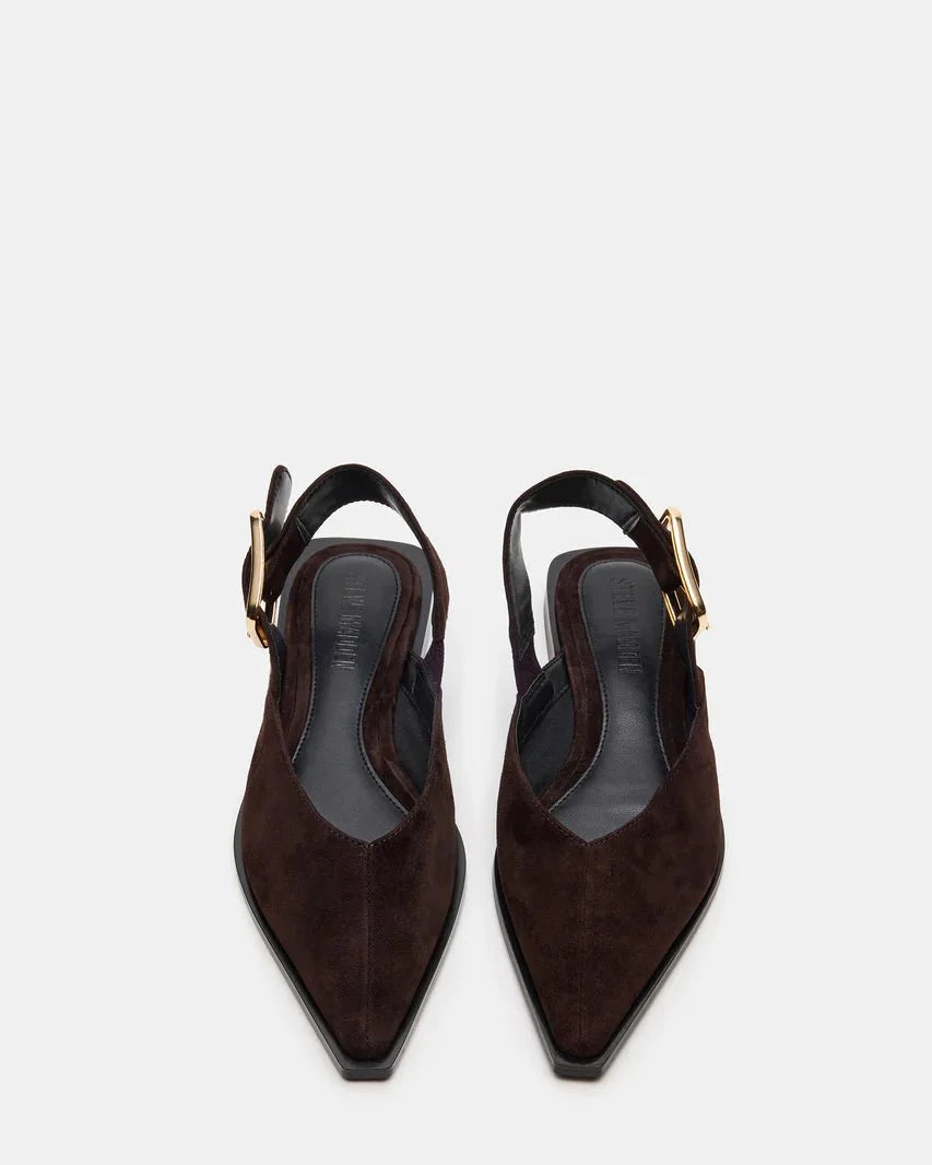 Brown suede pointed-toe slingback flats, front view, gold buckle accents