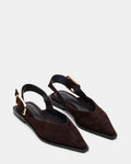 Brown suede pointed-toe slingback flats with gold buckle