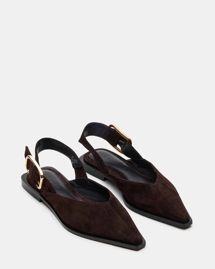 Brown suede pointed-toe slingback flats with gold buckle