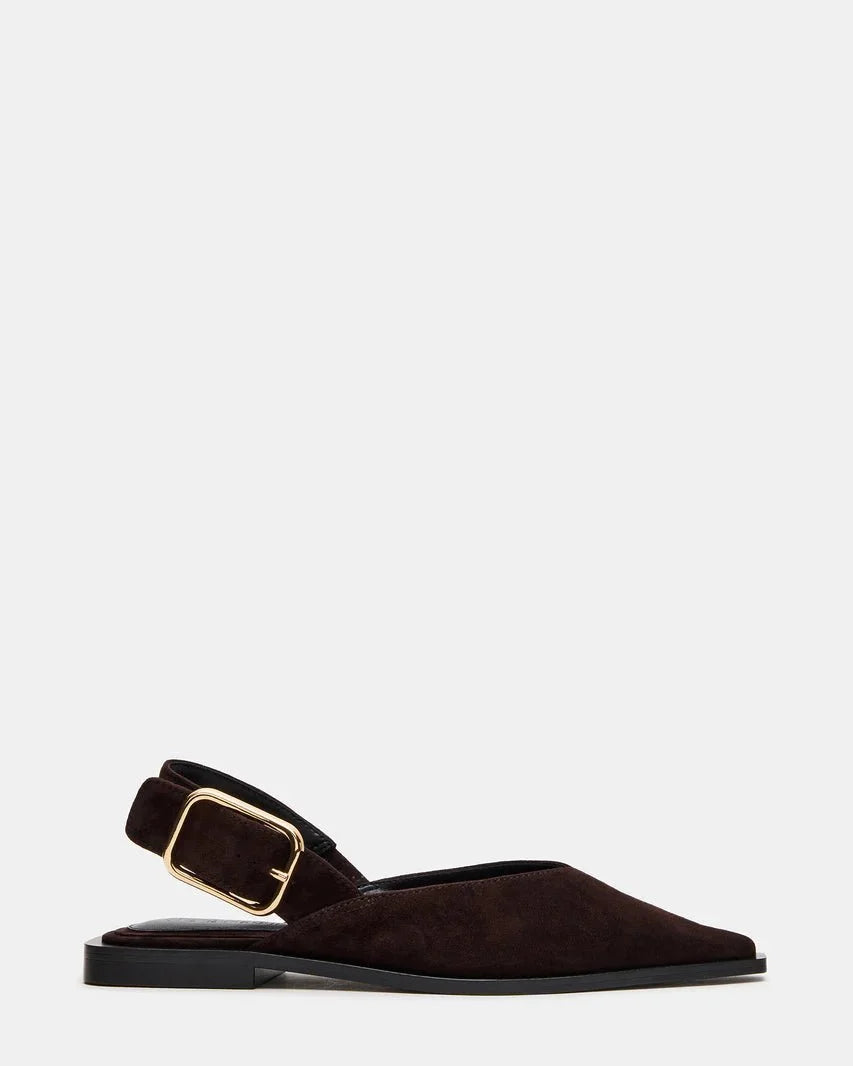 Brown suede pointed-toe slingback flats, side view, flat sole and buckle