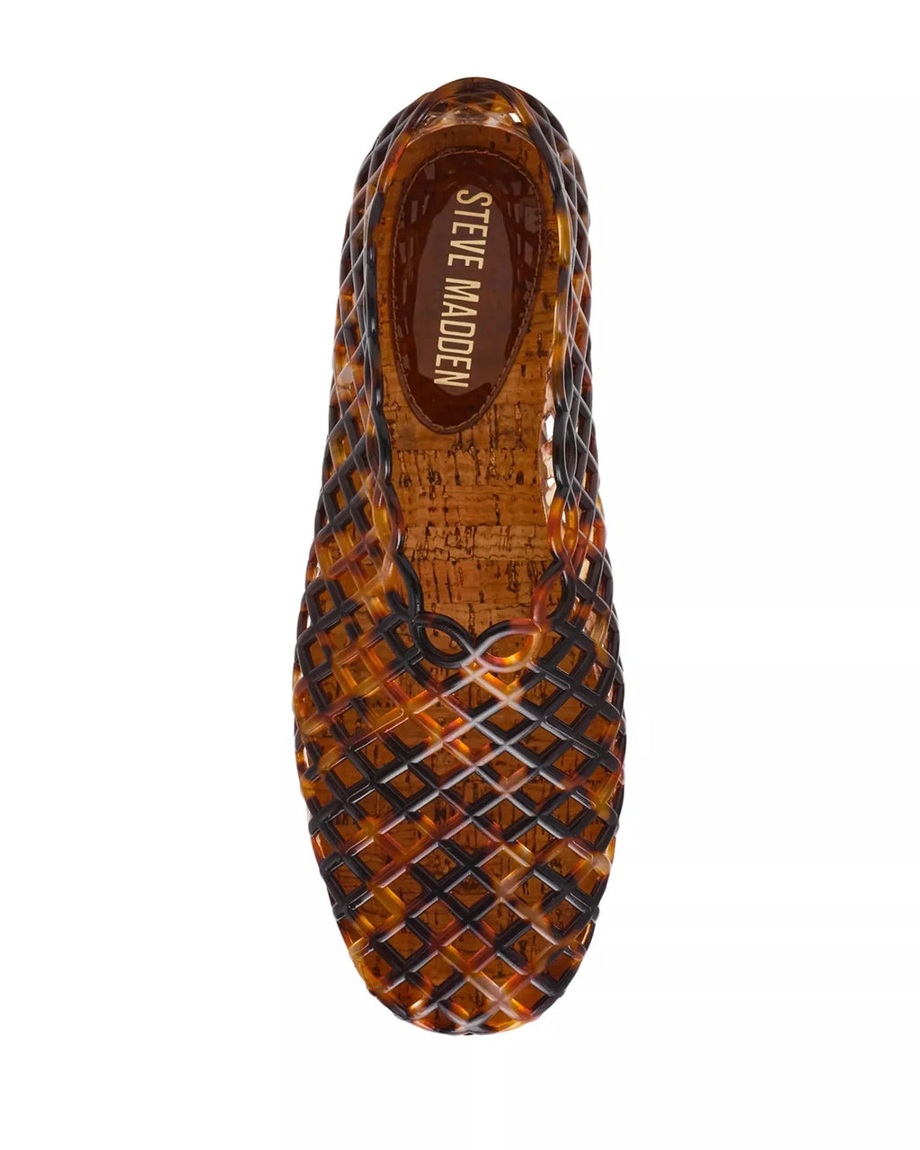 Tortoise jelly slip-on with lattice upper; visible STEVE MADDEN logo in footbed
