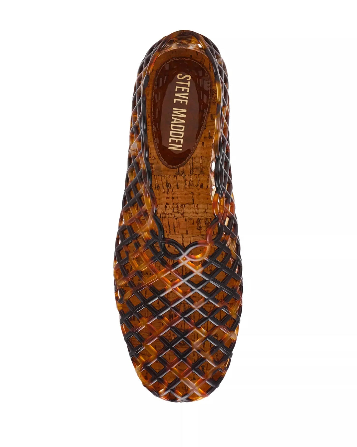 Tortoise jelly slip-on with lattice upper; visible STEVE MADDEN logo in footbed