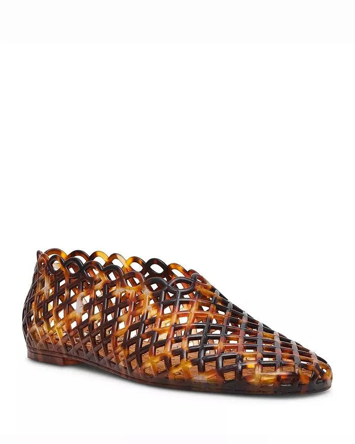 Tortoise jelly slip-on shoe with lattice cutout upper and dark trim