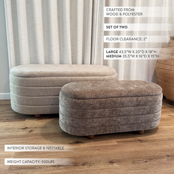 Two nesting storage ottomans, light beige and medium gray upholstered with rounded tops