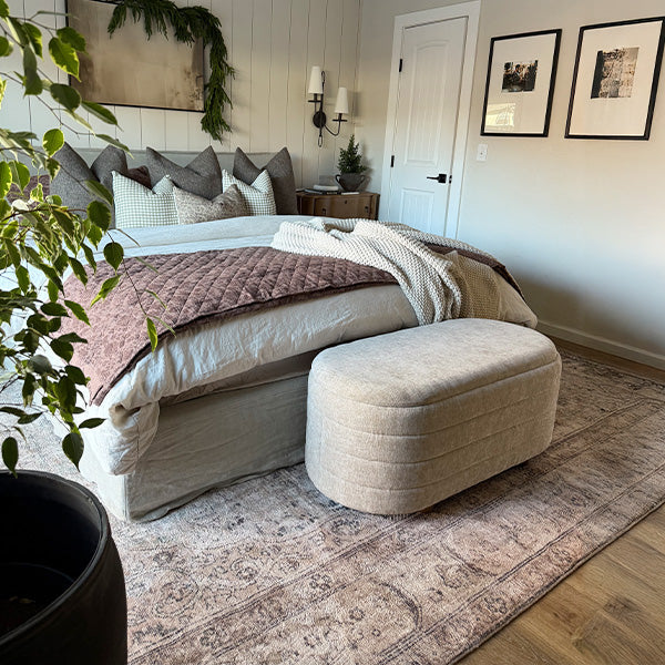 Nesting storage bench set of two with light beige ottoman and gray ottoman side by side