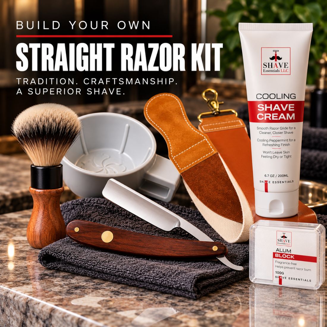 Straight razor kit accessories: razor, brush, cream tube, soap, alum block and stones
