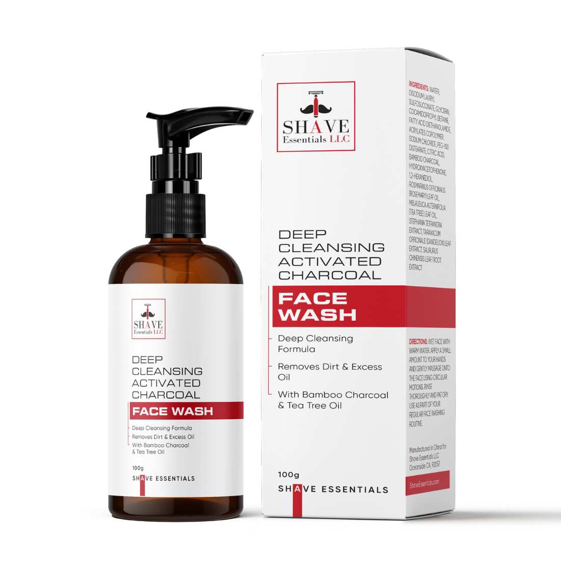 Charcoal face wash pump bottle with matching retail box
