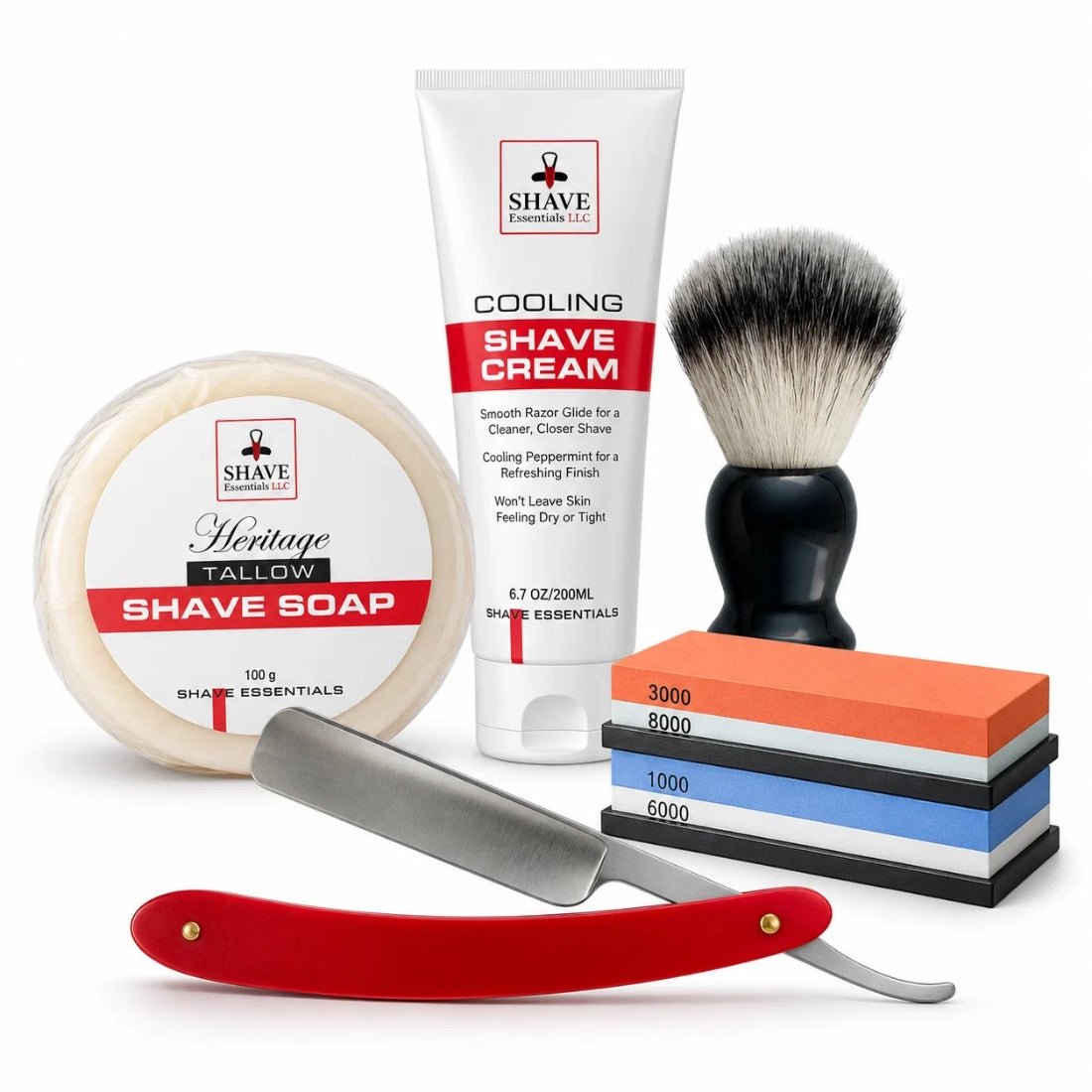 Shaving essentials kit with straight razor, brush, cream, soap and sharpening stones