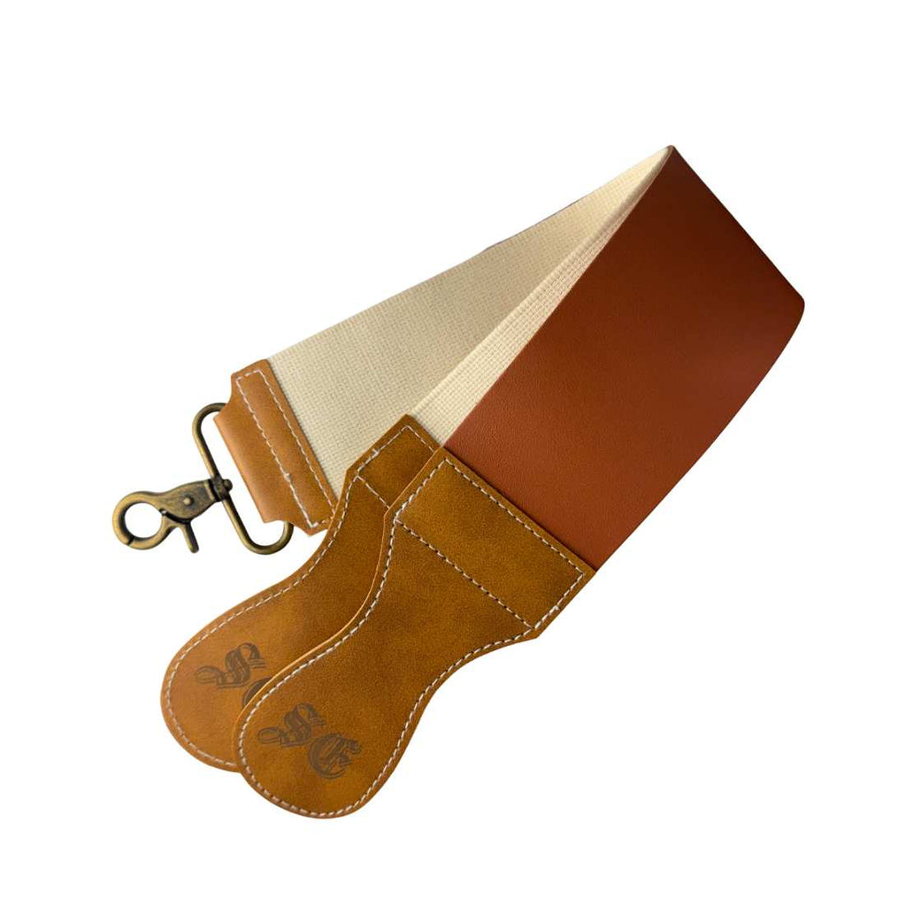 Tan leather razor strop cover with snap and hanging hook