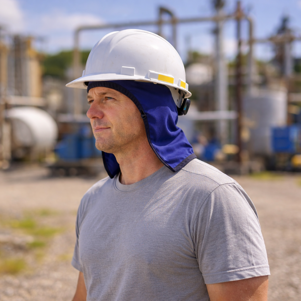 Dark blue cooling cap, covers ears and neck under helmet