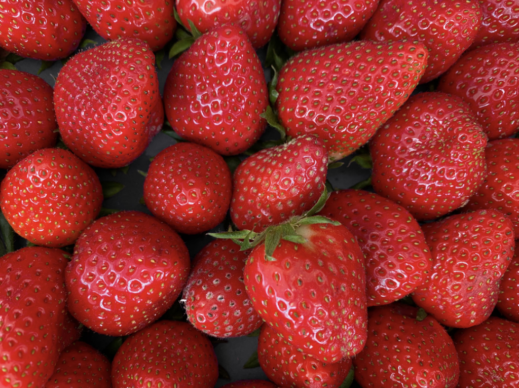 Fresh red strawberries close-up with visible seeds and juice