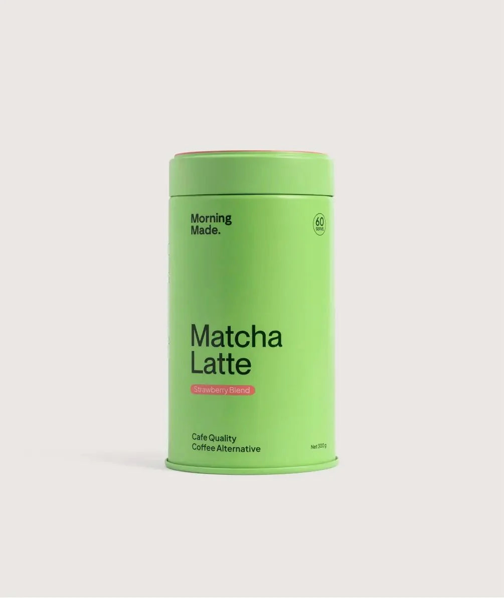 Strawberry matcha latte tin, green cylindrical can with lid and front label