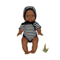 Striped doll bodysuit with black-and-white horizontal stripes
