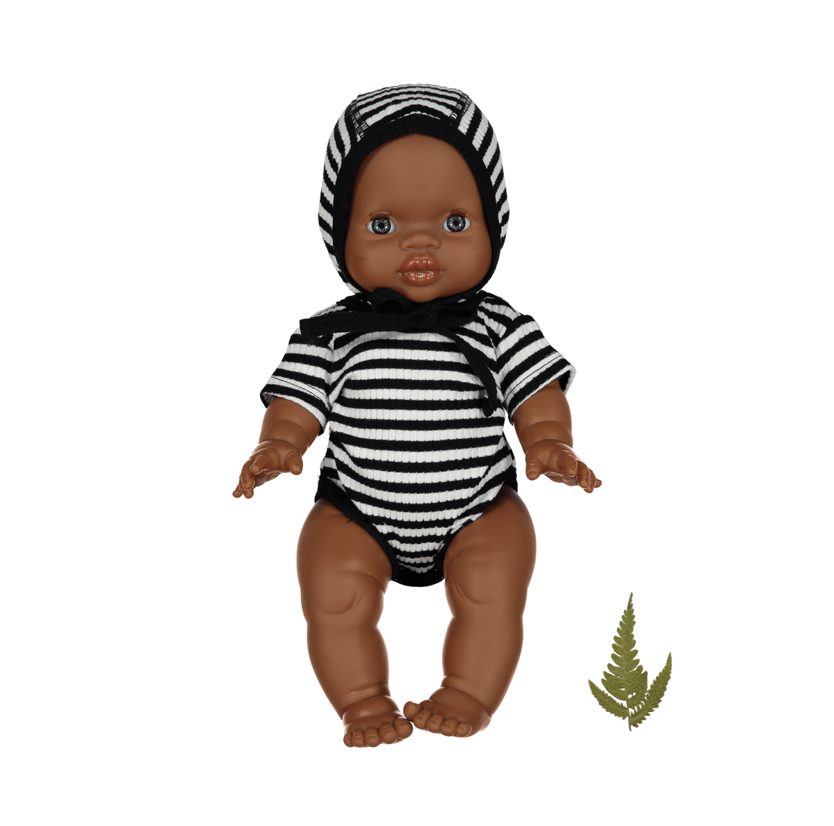 Striped doll bodysuit with black-and-white horizontal stripes