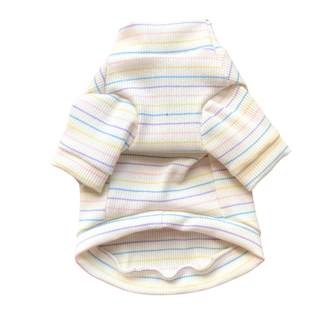 Pastel striped dog turtleneck sweater, ribbed cuffs and folded hem