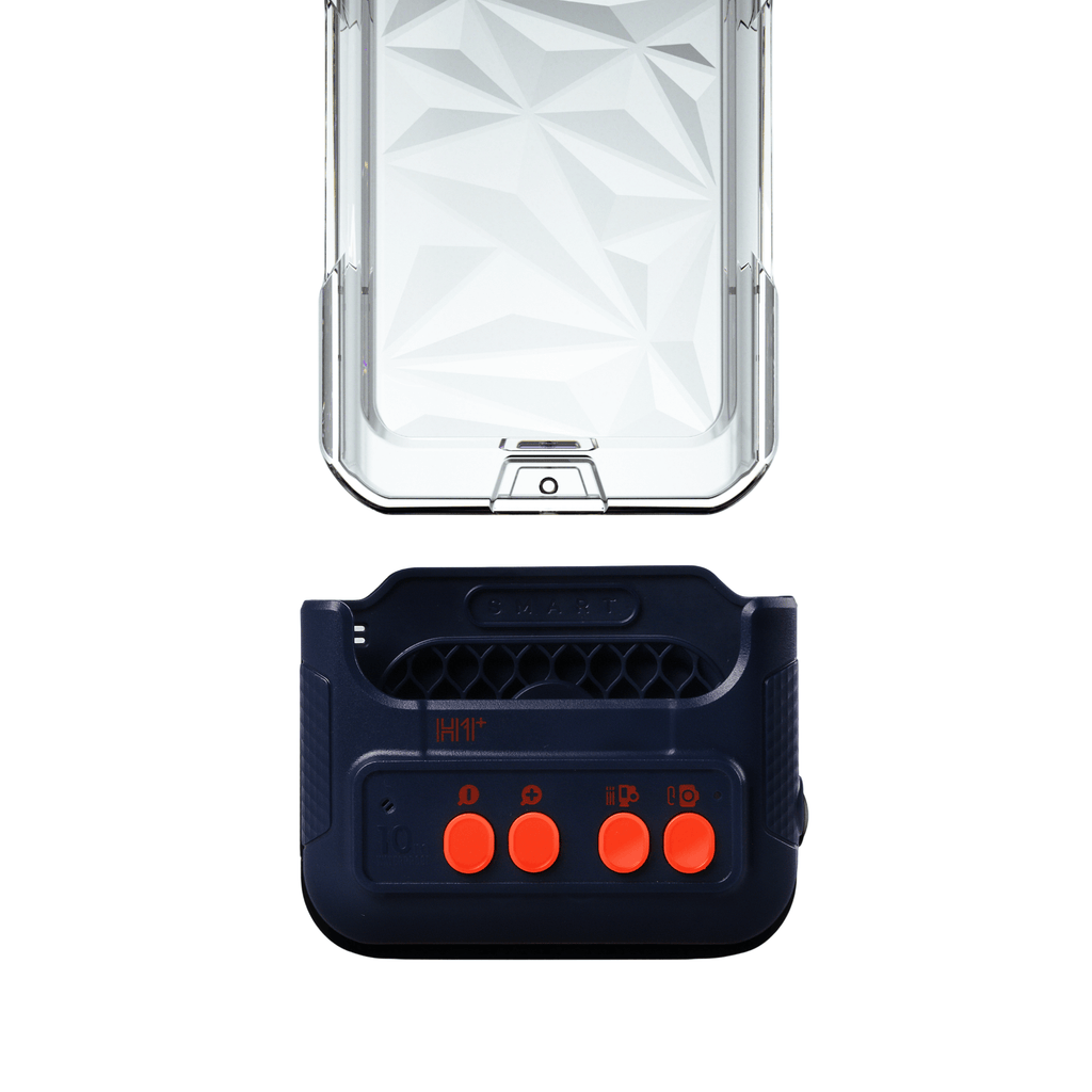 Waterproof phone case front and back with textured dark blue base and orange buttons
