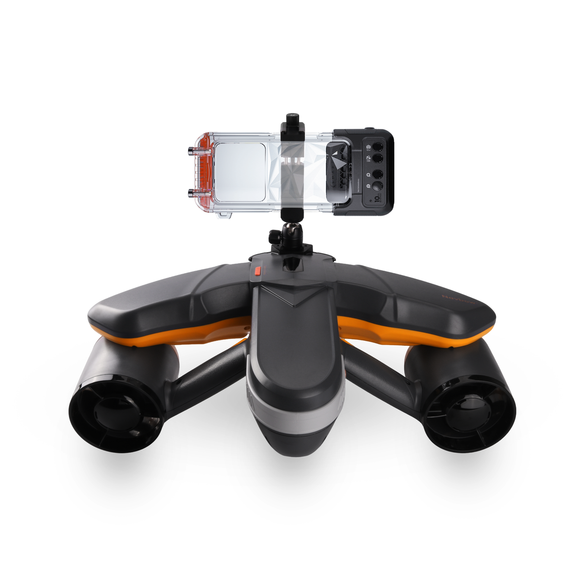 Waterproof phone case mounted on drone with clear front viewing window and black housing