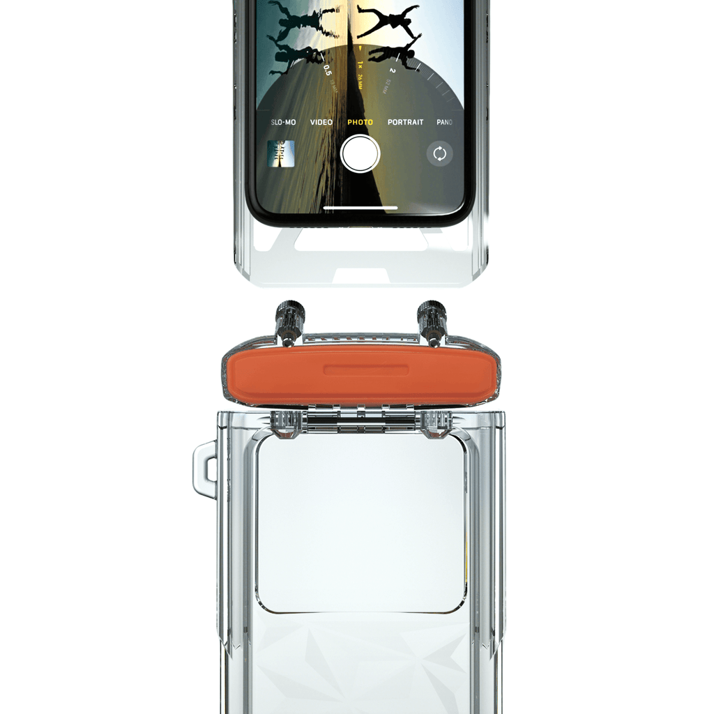 Waterproof phone case with top clasp and clear screen window, orange accessory bar