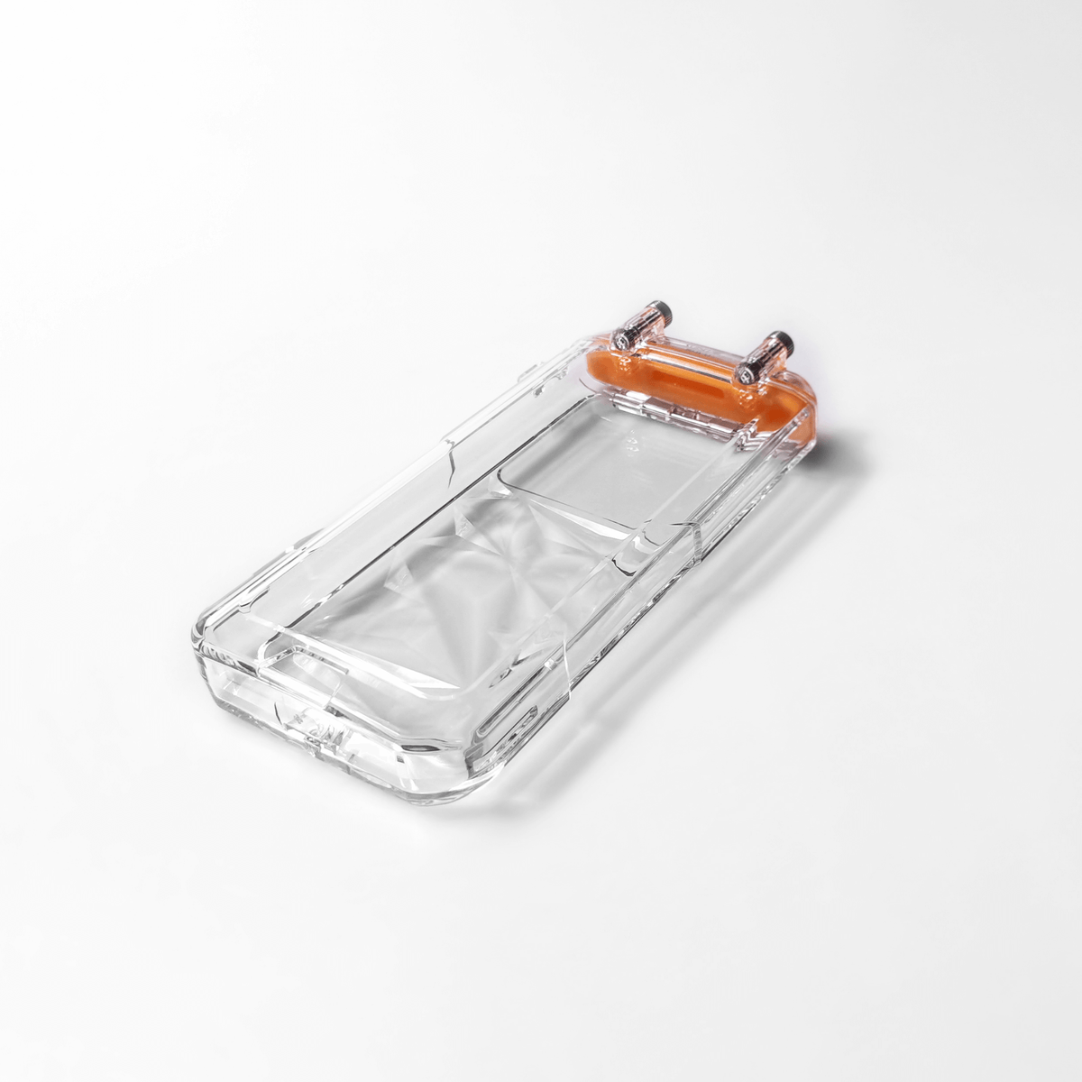Transparent waterproof phone case shell with clear front window and orange corner clips