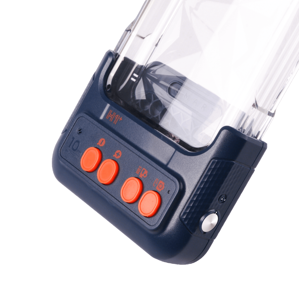 Waterproof phone case side view with orange control buttons on dark blue base