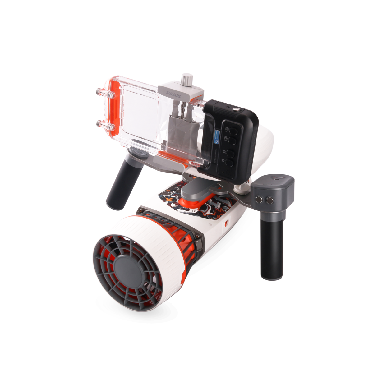 Waterproof phone case with clear orange-trim enclosure, mounted on a drone