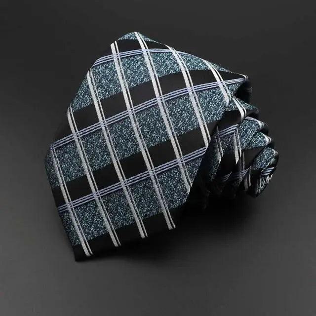 Teal and black plaid tie with white grid lines