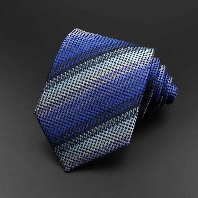 Men's necktie in blue with white micro-check and textured woven pattern.