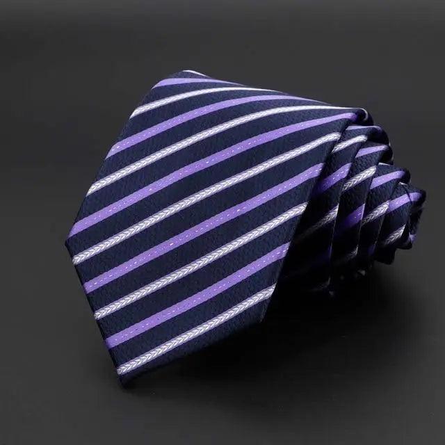 Dark navy tie with purple and white diagonal stripes